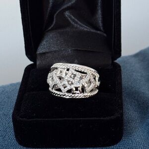 David Yurman 925 Sterling Silver Diamond Quatrefoil Wide Band